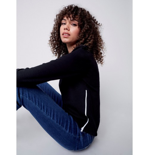 Knit Sweater with Diagonal Zipper Detail - Black Knit Sweater with Diagonal Zipper Detail - Black