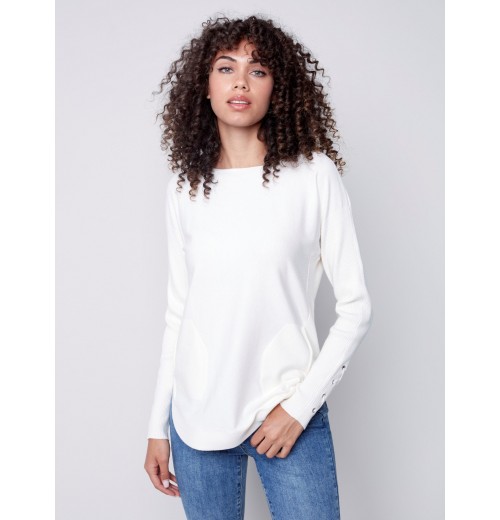 Knit Sweater with Lace-up Cuffs - Ecru Knit Sweater with Lace-up Cuffs - Ecru