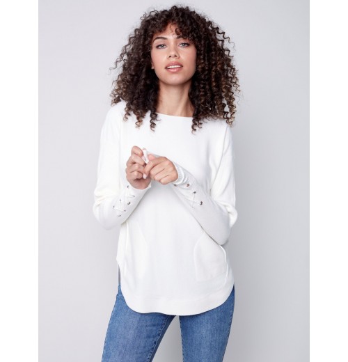 Knit Sweater with Lace-up Cuffs - Ecru Knit Sweater with Lace-up Cuffs - Ecru