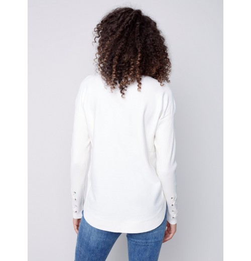 Knit Sweater with Lace-up Cuffs - Ecru Knit Sweater with Lace-up Cuffs - Ecru