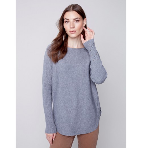 Knit Sweater with Lace-up Cuffs - Gray Knit Sweater with Lace-up Cuffs - Gray