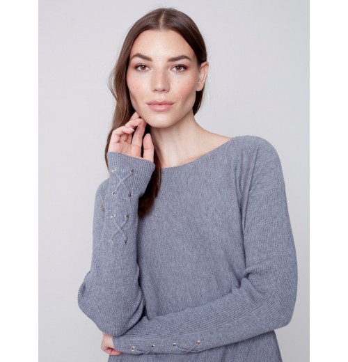 Knit Sweater with Lace-up Cuffs - Gray Knit Sweater with Lace-up Cuffs - Gray