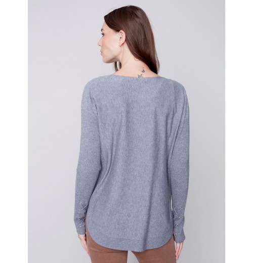 Knit Sweater with Lace-up Cuffs - Gray Knit Sweater with Lace-up Cuffs - Gray