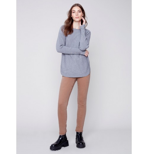 Knit Sweater with Lace-up Cuffs - Gray Knit Sweater with Lace-up Cuffs - Gray
