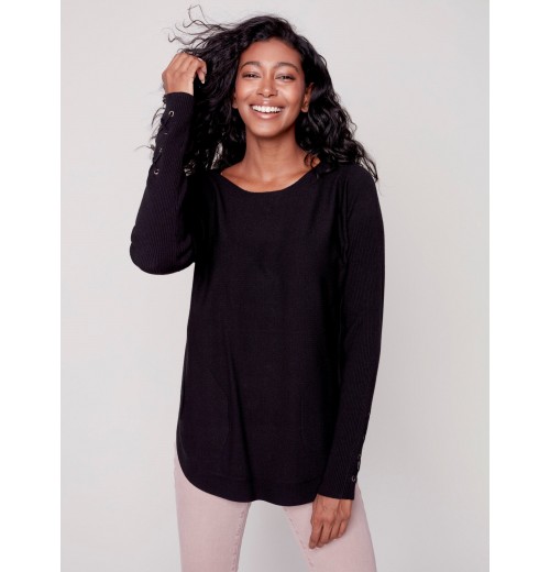Knit Sweater with Lace-up Cuffs - Black Knit Sweater with Lace-up Cuffs - Black