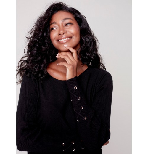 Knit Sweater with Lace-up Cuffs - Black Knit Sweater with Lace-up Cuffs - Black