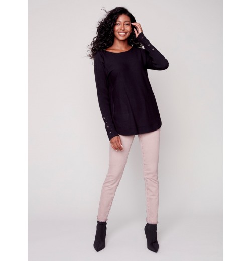 Knit Sweater with Lace-up Cuffs - Black Knit Sweater with Lace-up Cuffs - Black