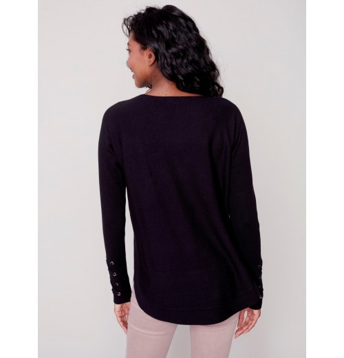 Knit Sweater with Lace-up Cuffs - Black Knit Sweater with Lace-up Cuffs - Black