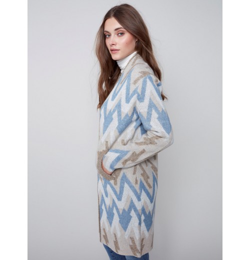 Long Jacquard Knit Cardigan - Denim Long Jacquard Knit Cardigan - Denim