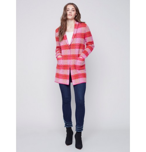 Long Plaid Cardigan with Shawl Collar - Orchid Long Plaid Cardigan with Shawl Collar - Orchid