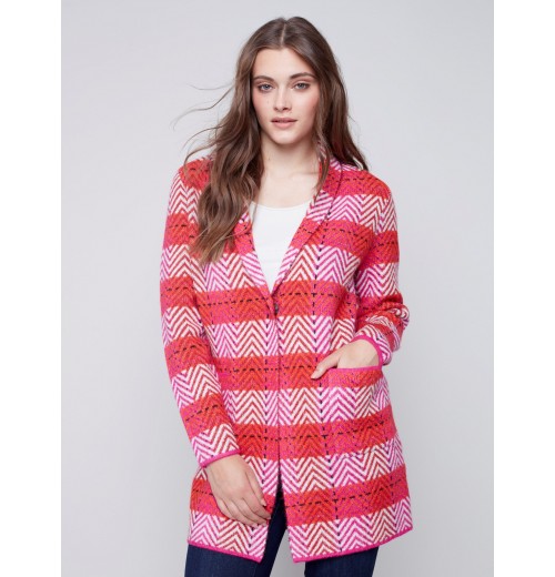 Long Plaid Cardigan with Shawl Collar - Orchid Long Plaid Cardigan with Shawl Collar - Orchid