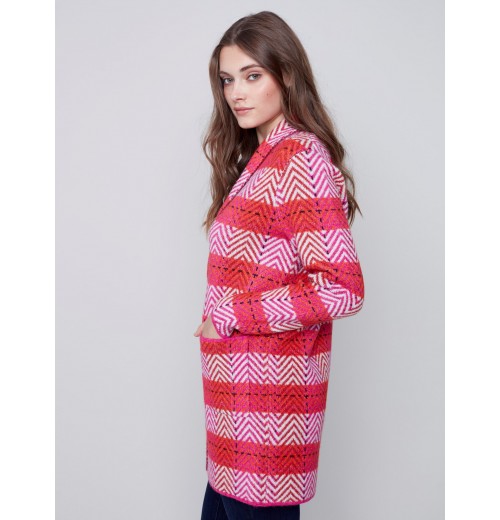 Long Plaid Cardigan with Shawl Collar - Orchid Long Plaid Cardigan with Shawl Collar - Orchid