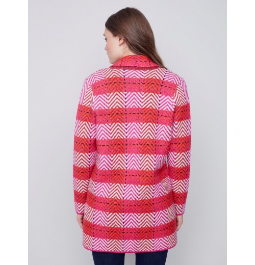 Long Plaid Cardigan with Shawl Collar - Orchid Long Plaid Cardigan with Shawl Collar - Orchid