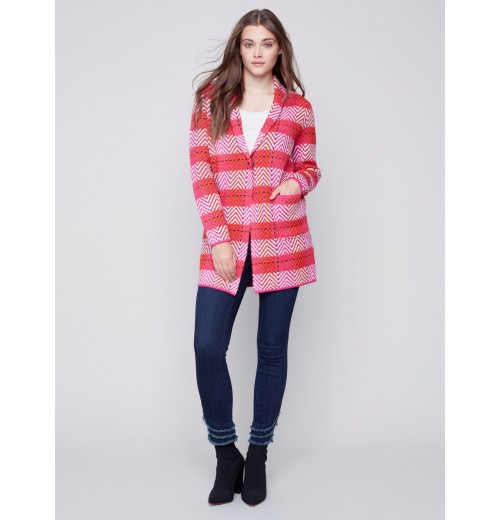 Long Plaid Cardigan with Shawl Collar - Orchid Long Plaid Cardigan with Shawl Collar - Orchid