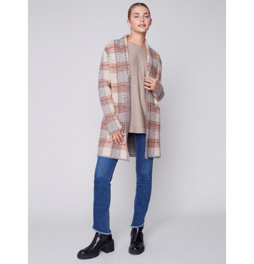 Long Plaid Cardigan with Shawl Collar - Truffle Long Plaid Cardigan with Shawl Collar - Truffle