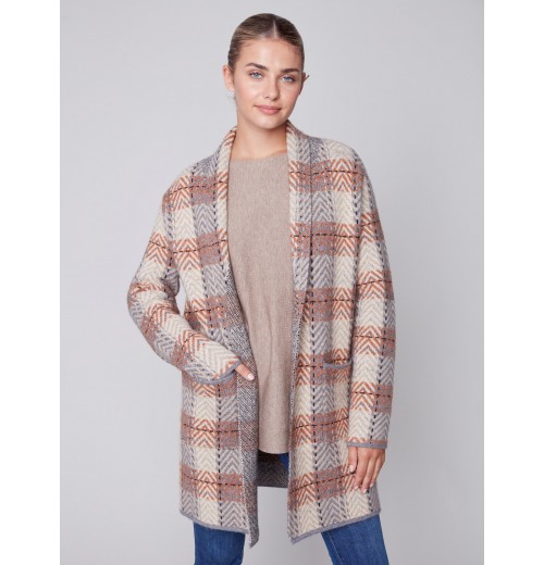 Long Plaid Cardigan with Shawl Collar - Truffle Long Plaid Cardigan with Shawl Collar - Truffle