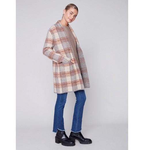 Long Plaid Cardigan with Shawl Collar - Truffle Long Plaid Cardigan with Shawl Collar - Truffle