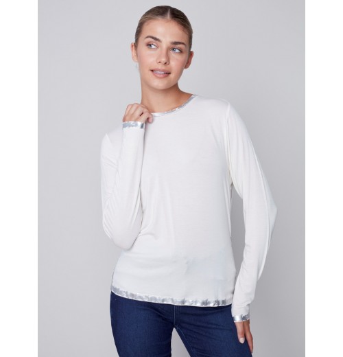 Long-Sleeved Top with Foil Print Detail - Cream Long-Sleeved Top with Foil Print Detail - Cream