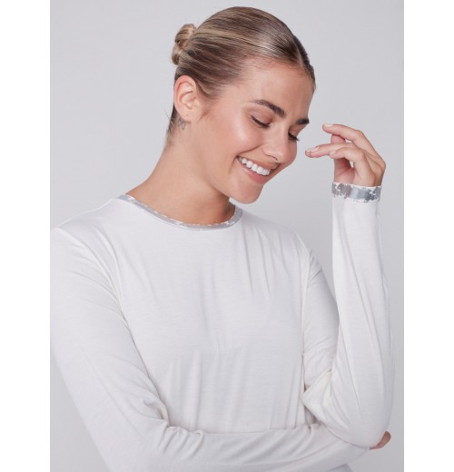 Long-Sleeved Top with Foil Print Detail - Cream Long-Sleeved Top with Foil Print Detail - Cream