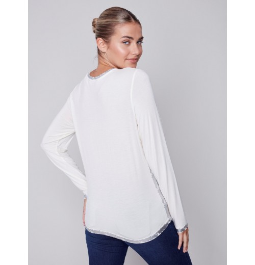 Long-Sleeved Top with Foil Print Detail - Cream Long-Sleeved Top with Foil Print Detail - Cream