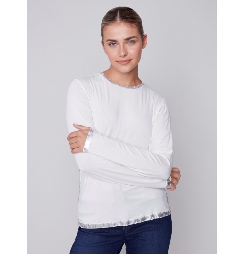 Long-Sleeved Top with Foil Print Detail - Cream Long-Sleeved Top with Foil Print Detail - Cream