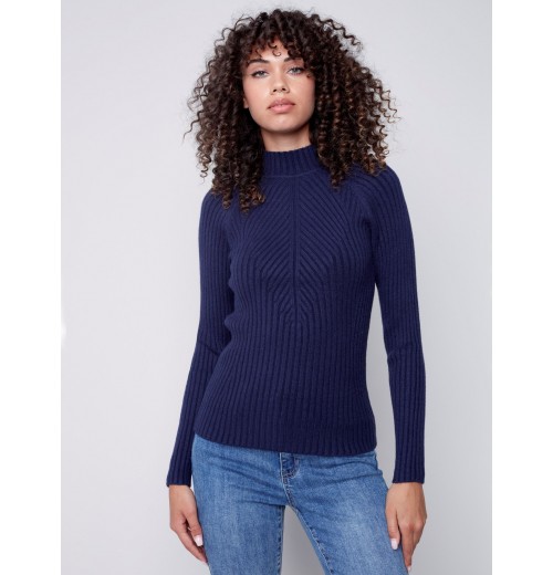 Mock Neck Rib Sweater - Navy Mock Neck Rib Sweater - Navy
