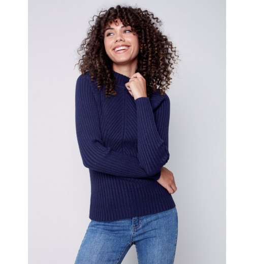 Mock Neck Rib Sweater - Navy Mock Neck Rib Sweater - Navy
