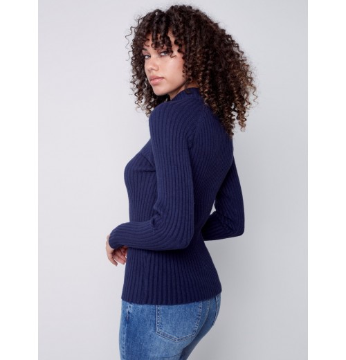Mock Neck Rib Sweater - Navy Mock Neck Rib Sweater - Navy
