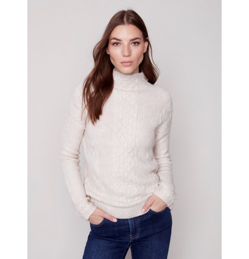 Mock Neck Sweater with Honeycomb Stitch - Almond Mock Neck Sweater with Honeycomb Stitch - Almond
