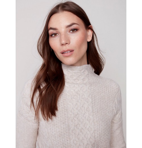 Mock Neck Sweater with Honeycomb Stitch - Almond Mock Neck Sweater with Honeycomb Stitch - Almond