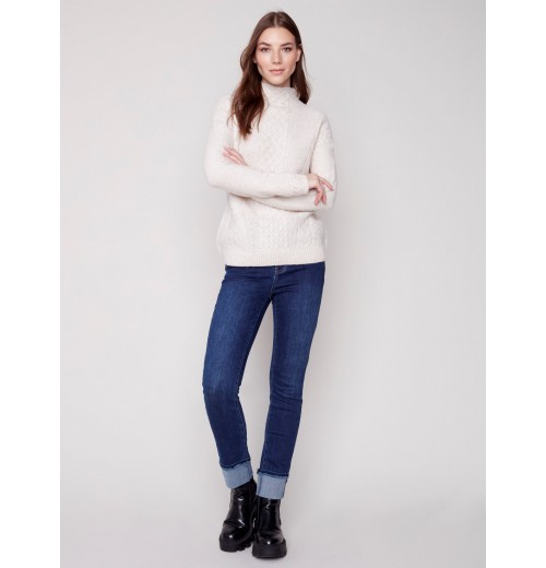 Mock Neck Sweater with Honeycomb Stitch - Almond Mock Neck Sweater with Honeycomb Stitch - Almond