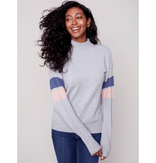 Mock Neck Sweater with Smiley Stitching - Gray Mock Neck Sweater with Smiley Stitching - Gray
