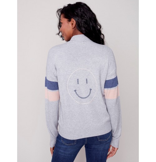 Mock Neck Sweater with Smiley Stitching - Gray Mock Neck Sweater with Smiley Stitching - Gray