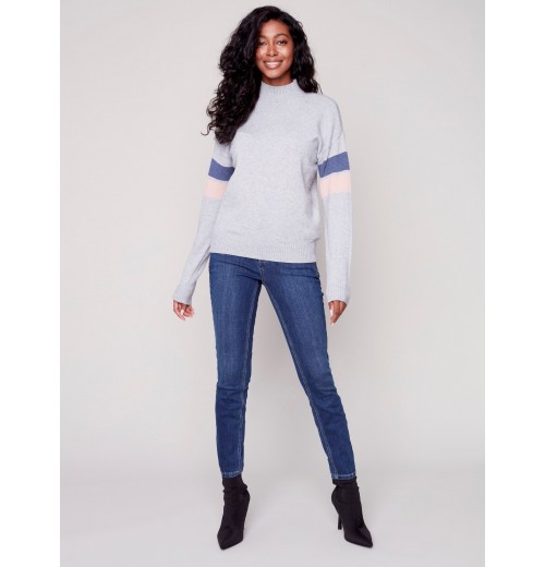 Mock Neck Sweater with Smiley Stitching - Gray Mock Neck Sweater with Smiley Stitching - Gray