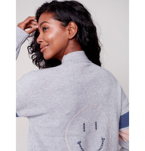 Mock Neck Sweater with Smiley Stitching - Gray Mock Neck Sweater with Smiley Stitching - Gray