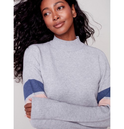 Mock Neck Sweater with Smiley Stitching - Gray Mock Neck Sweater with Smiley Stitching - Gray