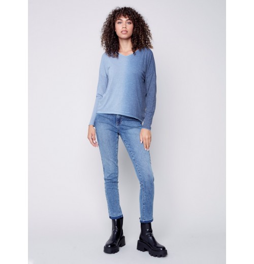 Ombré V-Neck Knit Top - Indigo Ombré V-Neck Knit Top - Indigo