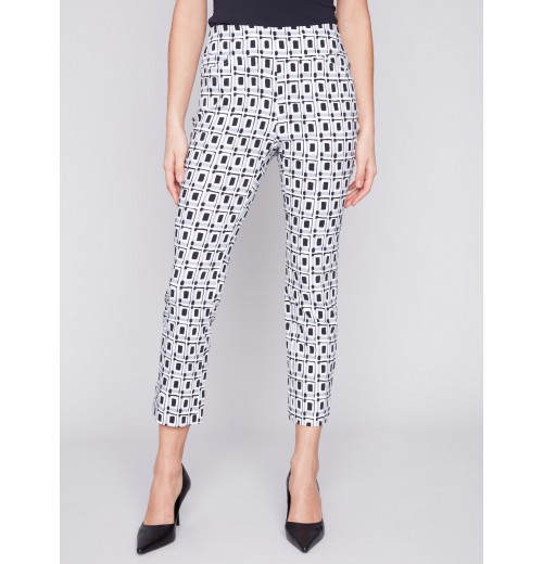 Printed Capri Pants with Hem Slit - Checker Printed Capri Pants with Hem Slit - Checker
