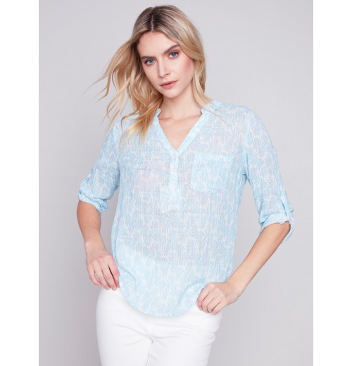 Printed Cotton Gauze Blouse - Sky Printed Cotton Gauze Blouse - Sky