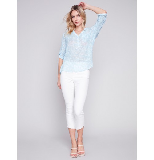 Printed Cotton Gauze Blouse - Sky Printed Cotton Gauze Blouse - Sky