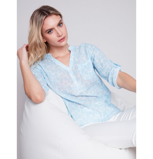 Printed Cotton Gauze Blouse - Sky Printed Cotton Gauze Blouse - Sky