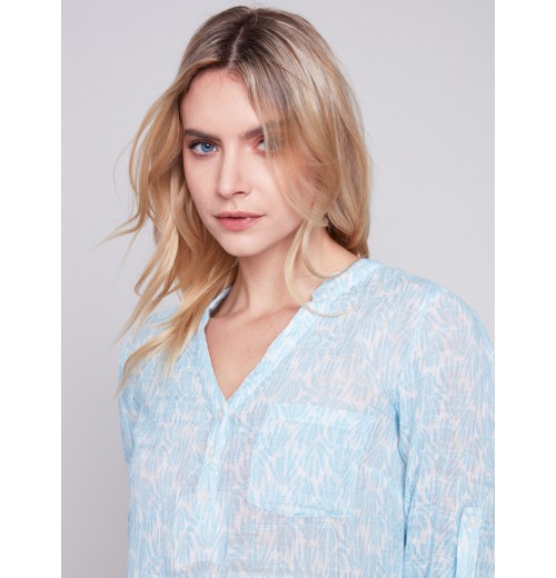 Printed Cotton Gauze Blouse - Sky Printed Cotton Gauze Blouse - Sky