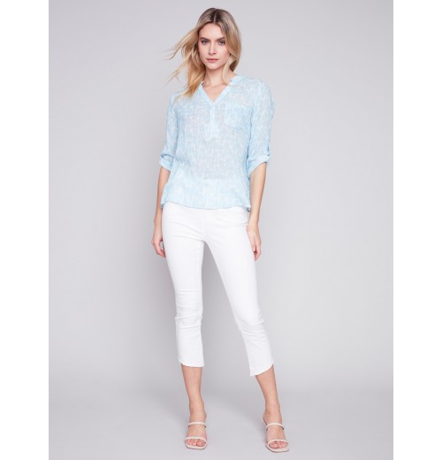 Printed Cotton Gauze Blouse - Sky Printed Cotton Gauze Blouse - Sky