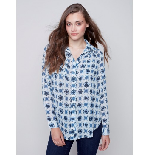 Printed Crinkle Georgette Blouse - Denim Printed Crinkle Georgette Blouse - Denim