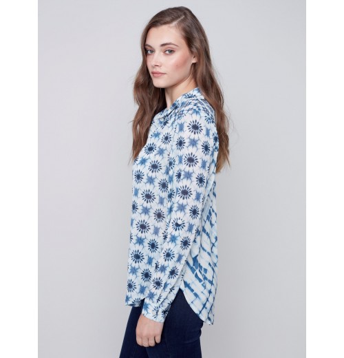Printed Crinkle Georgette Blouse - Denim Printed Crinkle Georgette Blouse - Denim