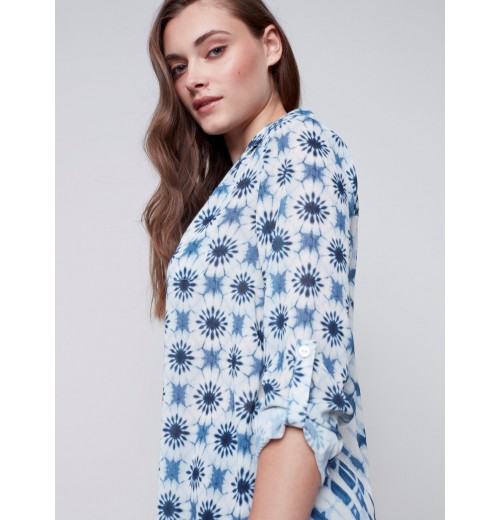 Printed Crinkle Georgette Blouse - Denim Printed Crinkle Georgette Blouse - Denim