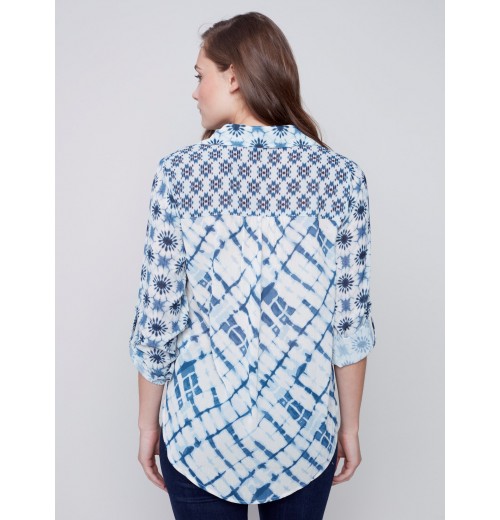 Printed Crinkle Georgette Blouse - Denim Printed Crinkle Georgette Blouse - Denim