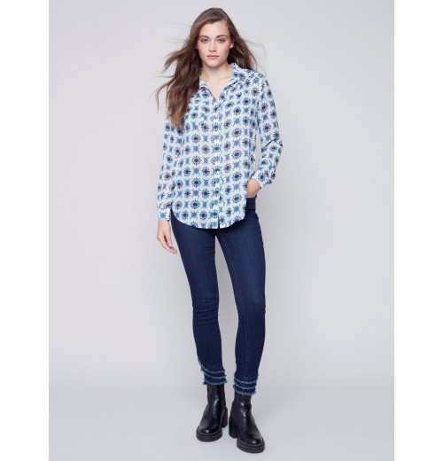 Printed Crinkle Georgette Blouse - Denim Printed Crinkle Georgette Blouse - Denim