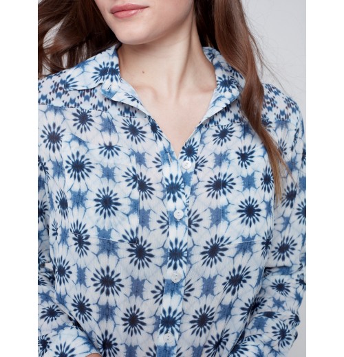 Printed Crinkle Georgette Blouse - Denim Printed Crinkle Georgette Blouse - Denim