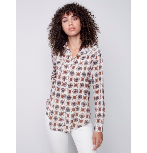 Printed Crinkle Georgette Blouse - Ecru Printed Crinkle Georgette Blouse - Ecru